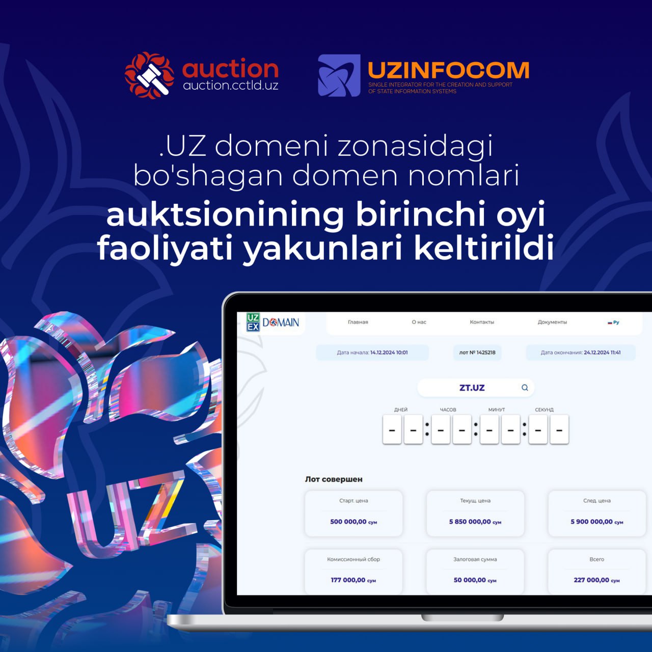 .UZ zonasida bo‘shagan domen nomlari auktsioni xizmati  domain.uzex.uz (auction.cctld.uz) birinchi oylik faoliyatini yakunladi.